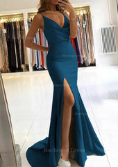 Trumpet Mermaid V Neck Sleeveless Sweep Train Satin Prom Dress