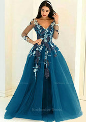 Tulle Long Floor Length A Line Princess Full Long Sleeve V Neck Zipper Evening Dress With Appliqued