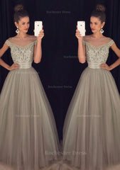 Tulle Long Floor Length A Line Princess Sleeveless Bateau Zipper Prom Dress With Beaded