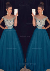 Tulle Long Floor Length A Line Princess Sleeveless Bateau Zipper Prom Dress With Beaded