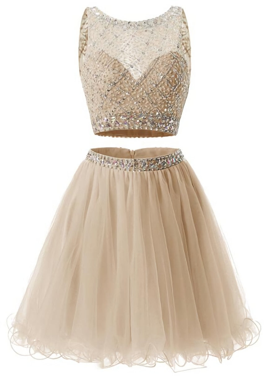 Two Piece Champagne Beaded Tulle Homecoming Dress, Short Prom Dress Party Dress