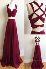 Two Pieces Burgundy Chiffon Long Prom Dresses, 2 Pieces Wine Red Long Formal Evening Dresses