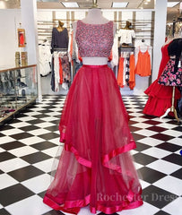 Two Pieces Sequin Round Neck Tulle Long Red Prom Dresses, Red Evening Dresses