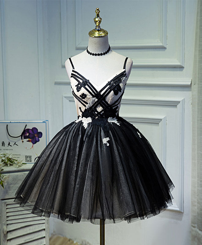 Unique Black Tulle Short Prom Dress, Black Homecoming Dresses