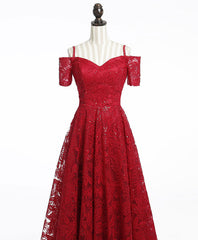 Unique Burgundy Lace Long Prom Dress, Burgundy Evening Dress