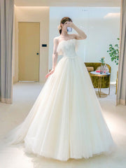 Unique Light Champagne Tulle Long Prom Dress, Tulle Formal Wedding Party Dress