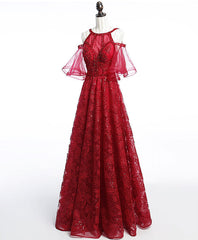 Unique Off Shoulder Tulle Lace Burgundy Long Prom Dress, Evening Dress