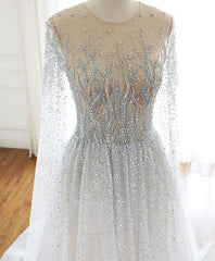 Unique Round Neck Tulle Sequin Beads Long Prom Dress