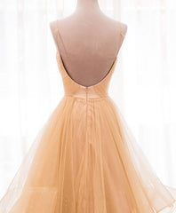 Unique V Neck Tulle A-Line Long Prom Dress Tulle Formal Dress