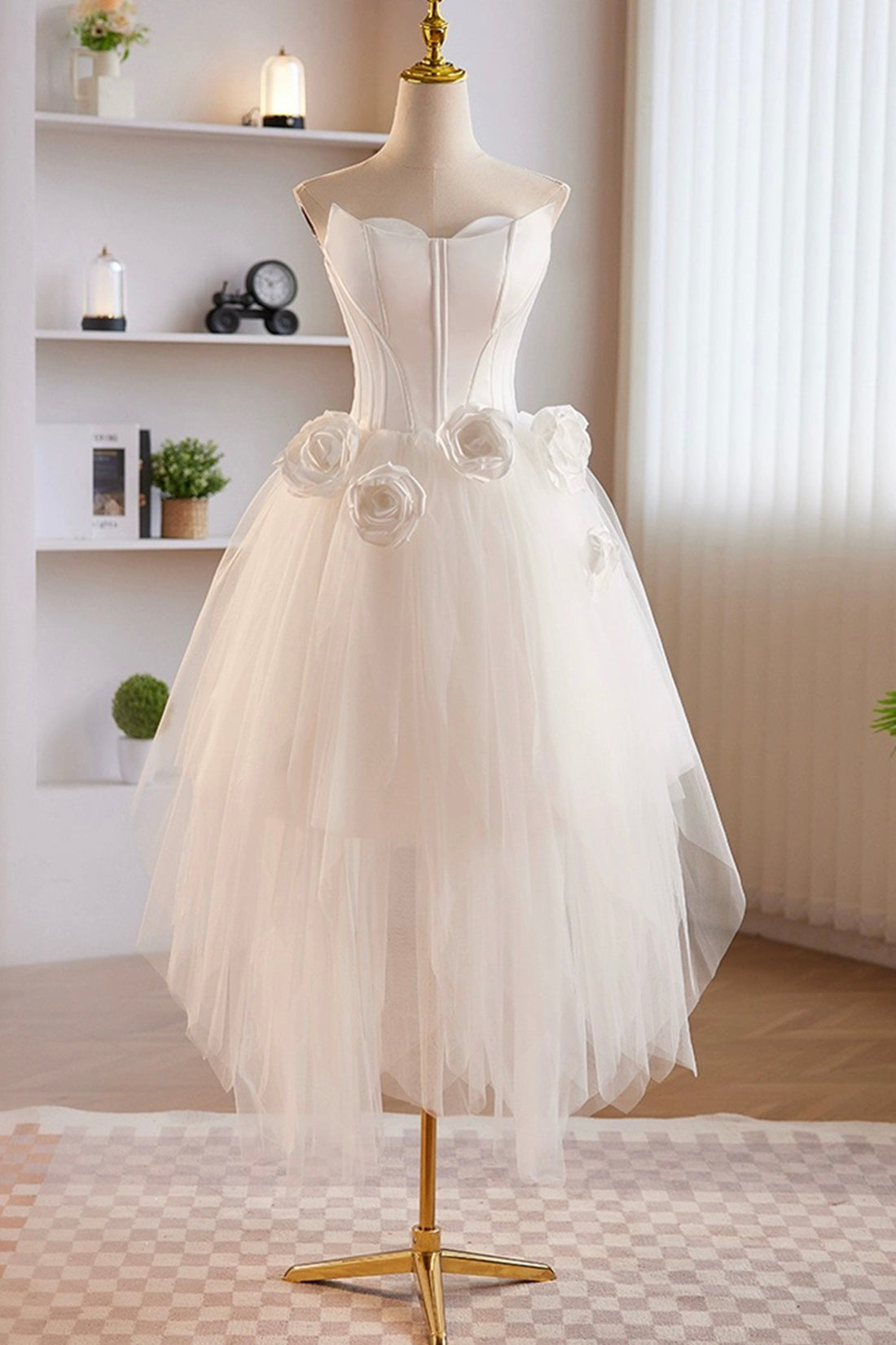 Unique White Strapless Irregular Tulle Short Prom Dress, White Party Dress