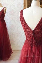 V Neck and V Back Burgundy Lace Long Prom Dresses, Open Back Burgundy Formal Dresses, Burgundy Lace Evening Dresses