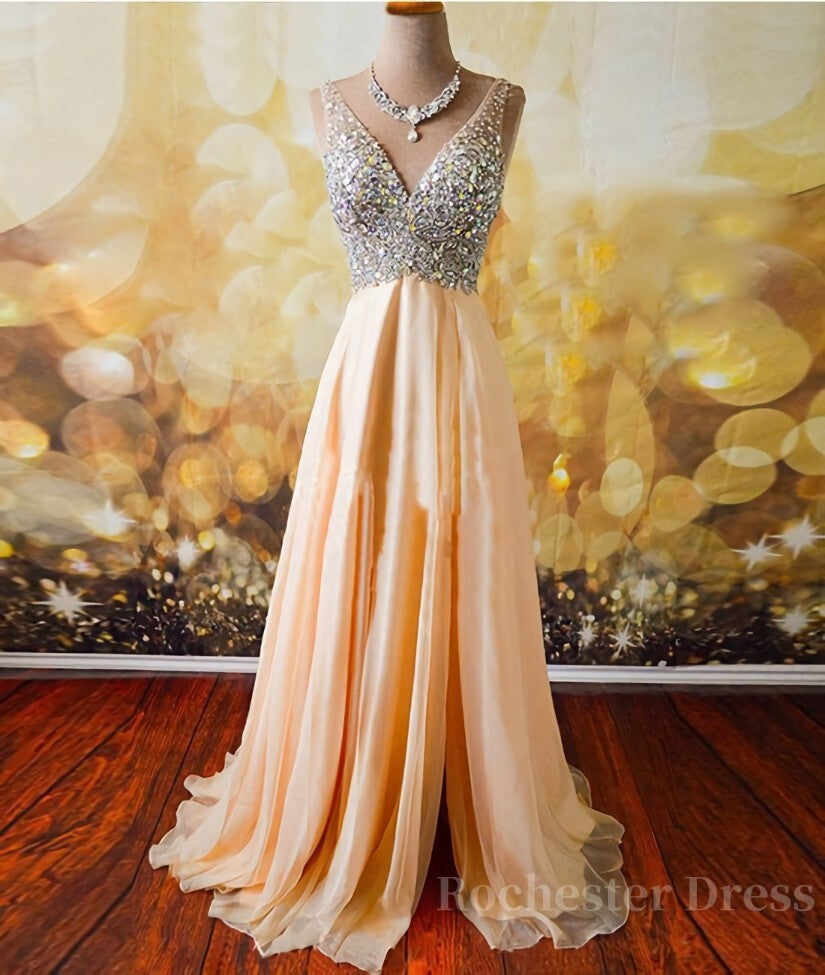 V Neck And V Back Sequins Chiffon Prom Dresses, Long Formal Dresses, Evening Dresses