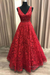 V Neck Burgundy Lace Long Prom Dresses, Burgundy Lace Formal Dresses, Burgundy Evening Dresses