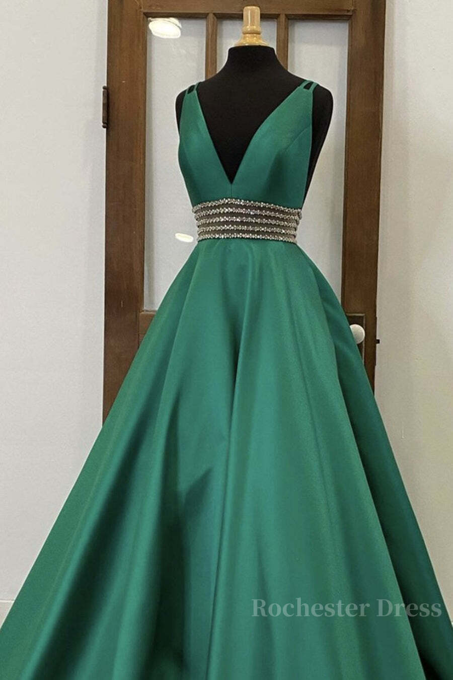 V Neck Emerald Green Satin Long Prom Dress, Emerald Green Formal Graduation Evening Dress