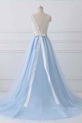 V Neck Light Blue Lace Prom Dresses, Light Blue Lace Formal Evening Dresses