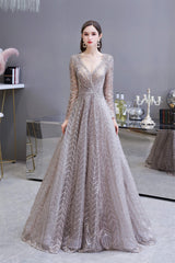 V-neck Long Sleeves Floor Length Lace A-line Prom Dresses