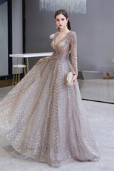 V-neck Long Sleeves Floor Length Lace A-line Prom Dresses