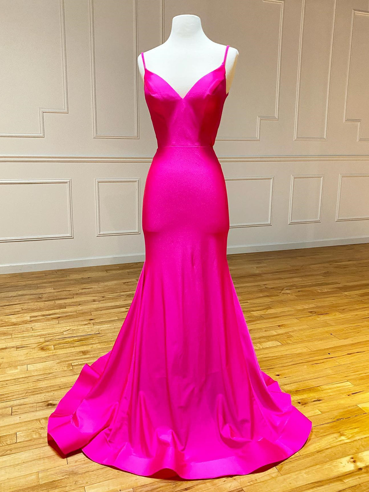 V Neck Mermaid Hot Pink Prom Dresses, Hot Pink Mermaid Backless Formal Evening Dresses