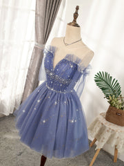 V Neck Off the Shoulder Short Blue Prom Dresses, Short Blue V Neck Graduation Homecoming Dresses