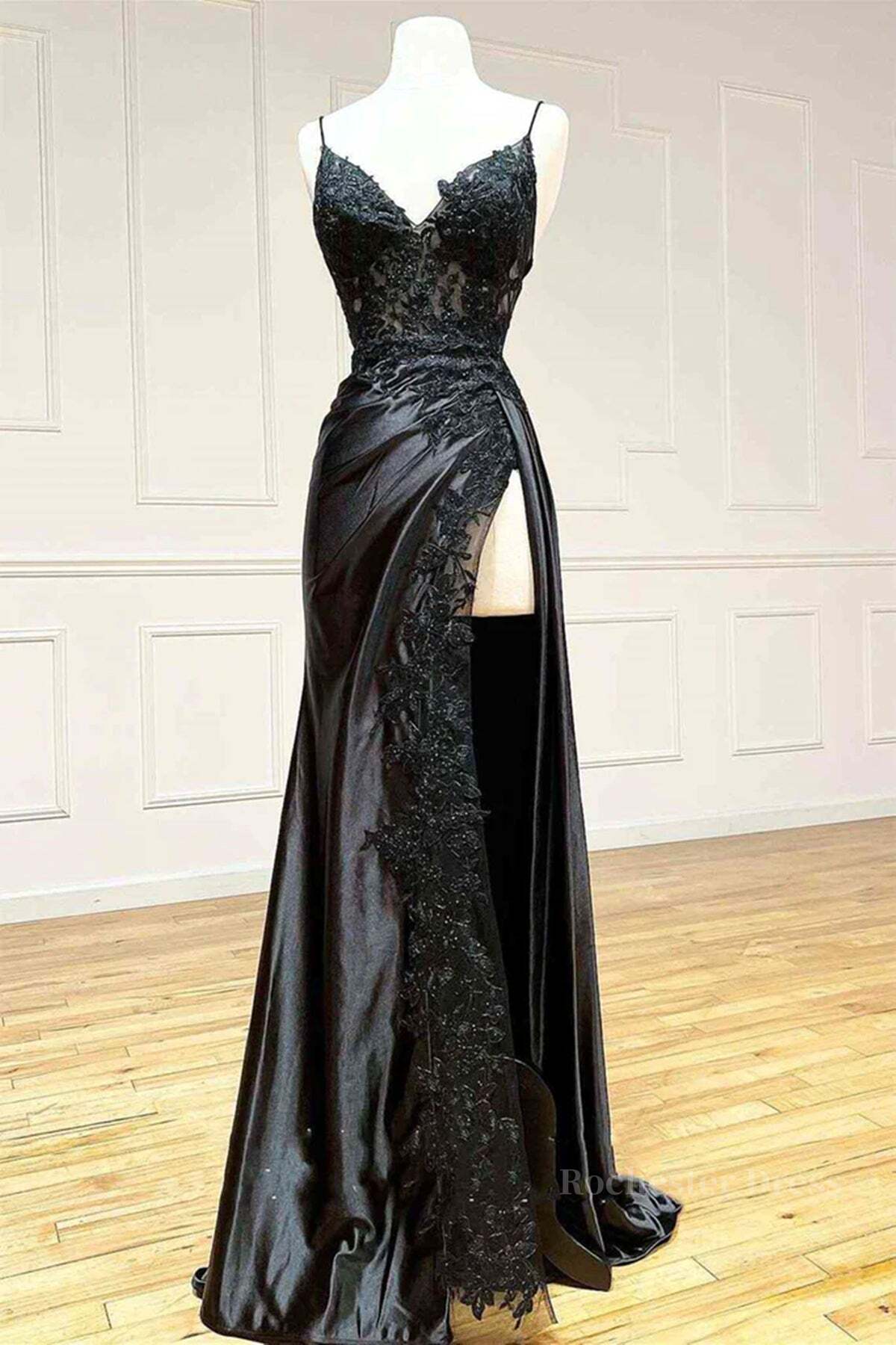 V Neck Open Back Mermaid Black Lace Long Prom Dress, Mermaid Black Lace Formal Dresses