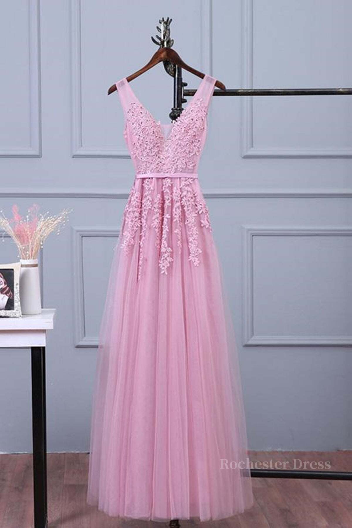 V Neck Pink Lace Prom Dresses, Pink V Neck Lace Bridesmaid Formal Dresses