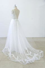 V-neck Ruffle Applqiues Tulle A-line Wedding Dress