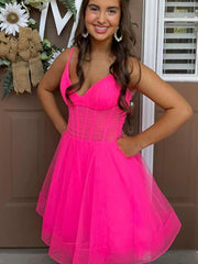 V Neck Short Pink Black Prom Dresses, Short V Neck Formal Homecoming Dresses