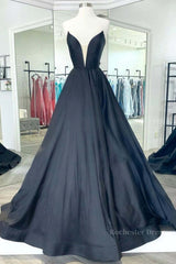 V Neck Strapless Black Satin Long Prom Dresses, Strapless Black Formal Dresses, Long Black Evening Dresses