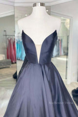 V Neck Strapless Black Satin Long Prom Dresses, Strapless Black Formal Dresses, Long Black Evening Dresses