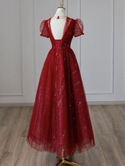 V Neck Tulle Sequin Tea Length Burgundy Prom Dress, Burgundy Evening Dress