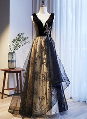 V-neckline Black Tulle with Velvet Top Long Evening Dress Party Dress, A-line Wedding Party Dress