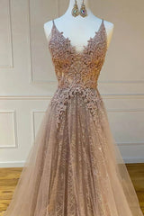 Sparkly Spaghetti Straps V Neck Lace Appliques Prom Dresses, Long Evening Dresses