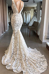 Vintage Long Mermaid V-neck Lace Backless Wedding Dresses