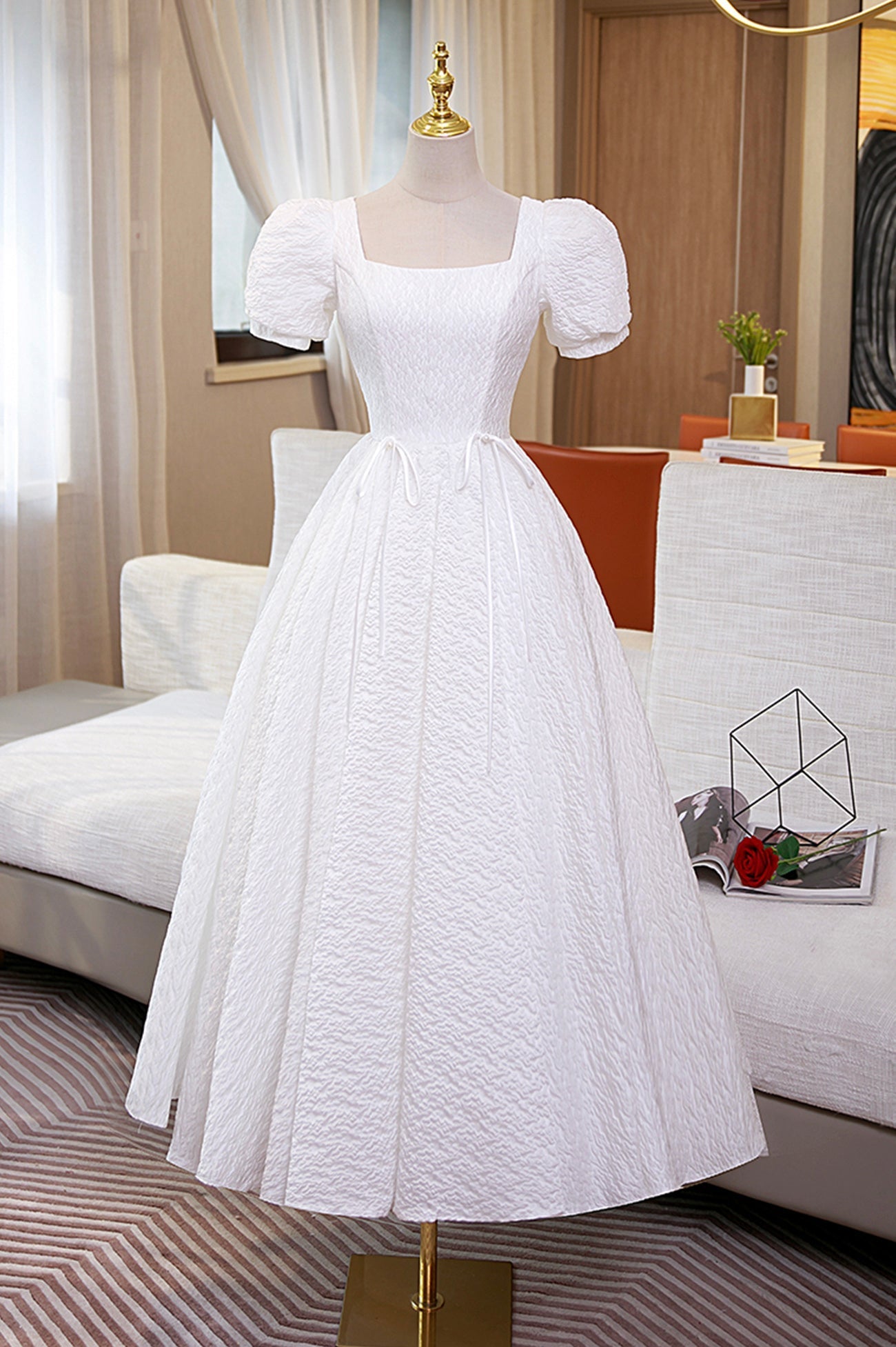 White A-Line Homecoming Dress, Cute Short Sleeve Evening Dress