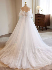 White A-Line Tulle Long Prom Dress, White Formal Dress