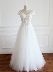 White Lace Cap Sleeves Tulle Floor Length Party Dress, A-line White Wedding Dresses