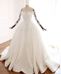 White Lace Satin Long Wedding Dress, Lace Satin Long Bridal Gown