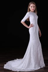 White Lace Sleeves Button Back Mermaid Wedding Dresses