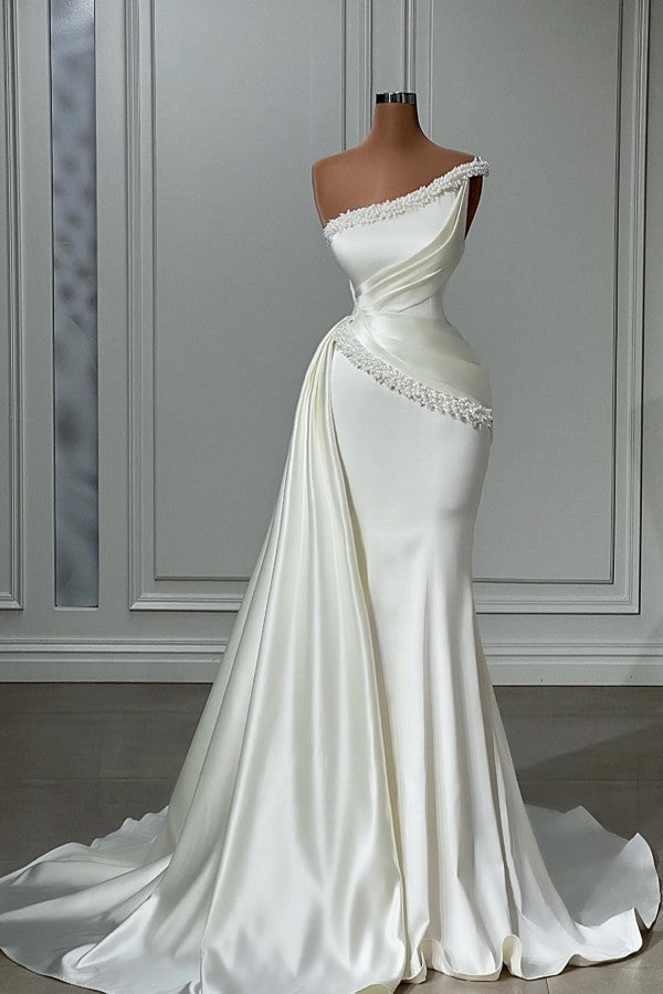 White Long Mermaid One Shoulder Satin Beads Formal Prom Dresses