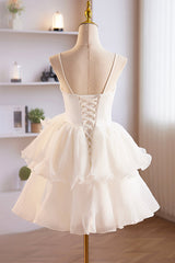 White Spaghetti Strap Tulle Short Prom Dress, White A-Line Homecoming Dress