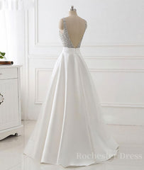 White v neck beads sequin long prom dress, white evening dress