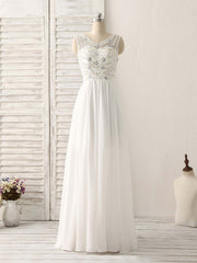 White V Neck Chiffon Long Prom Dresses, White Long Evening Dresses