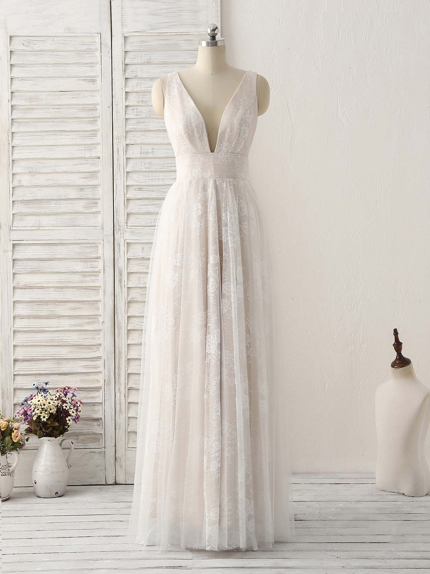 White V Neck Lace Long Prom Dress Backless Lace Evening Dress