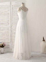 White V Neck Tulle Lace Long Prom Dress White Evening Dress