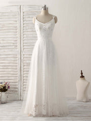 White V Neck Tulle Lace Long Prom Dress White Evening Dress