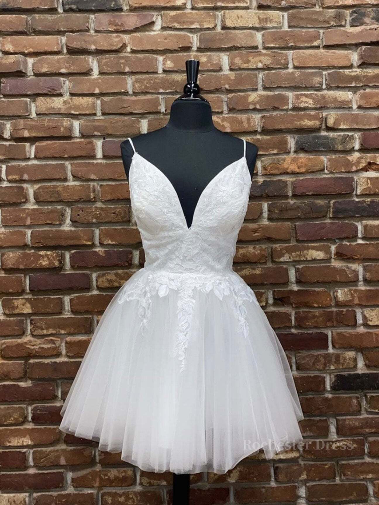 White v neck tulle lace short prom dress, white homecoming dress