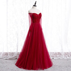 Wine Red Long Sleeves Beaded Tulle Evening Gown, A-line Wine Red Long Prom Dress