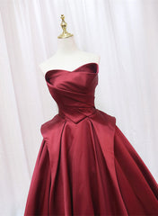 Wine Red Satin Long Party Dress, A-line Wine Red Prom Dress