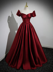 Wine Red Satin Long Party Dress, Off Shoulder Sweetheart Floor Length Prom Dress