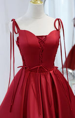 Wine Red Satin V-neckline Straps Beaded Short Prom Dress, Wine Red Party Dresses